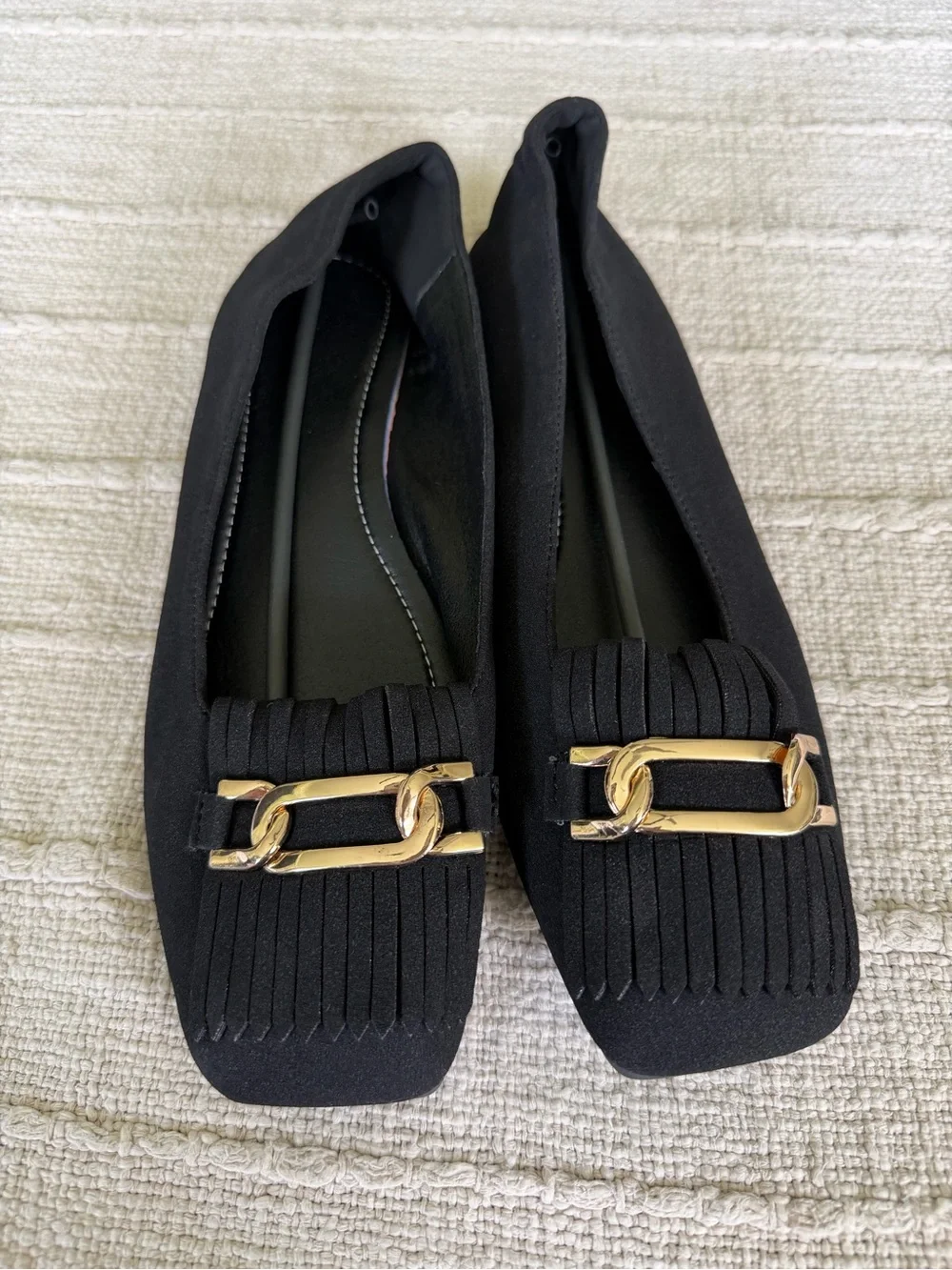Black Women's Square-Toe Fringe Loafers with Gold Chain Accent
